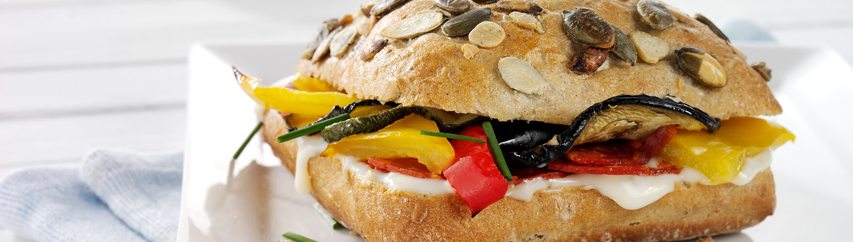 Pumpkin roll with chorizo and grilled vegetables