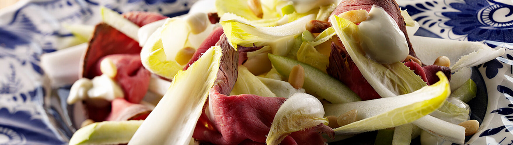 Salad of chicory, gherkins, roast beef and ERU Crème au Bleu