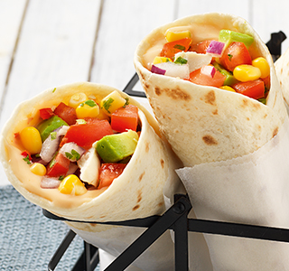 Wraps with smoked chicken, avocado and sweet corn salsa