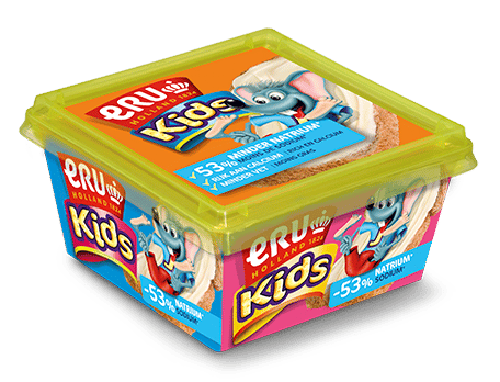 Kids’ lunch box with fruit, cucumber and a wrap with ERU Kids