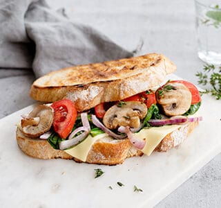 Groentetosti met spinazie, tomaat, rode ui, champignons en biologische kaas